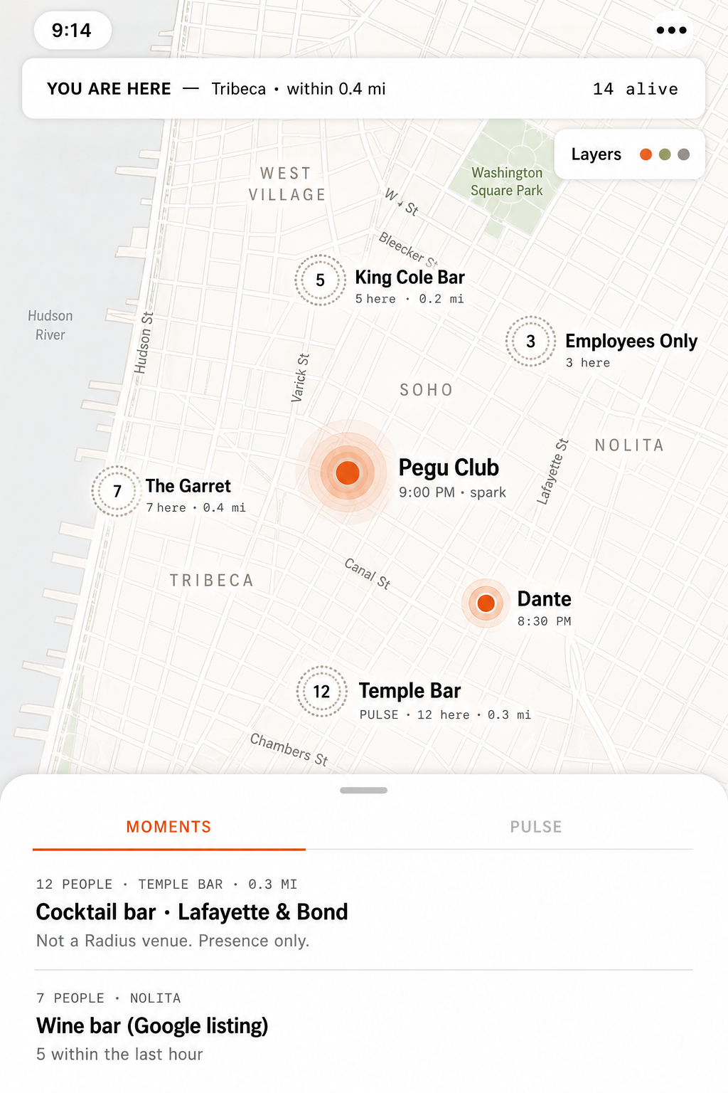 A phone showing a black-and-white Mapbox map of Lower Manhattan — Tribeca, SoHo, NoLita, West Village, with Washington Square Park. Two solid ember halos mark curated Radius moments at Pegu Club for nine PM and Dante for eight thirty PM. Four stone-coloured dotted halos mark anonymous Pulse counts at non-Radius venues: five at King Cole Bar, three at Employees Only, seven at The Garret, and twelve at Temple Bar zero point three miles away. A bottom sheet shows two tabs, MOMENTS active and PULSE, with the moments list visible: twelve people at a cocktail bar on Lafayette and Bond, and seven people at a wine bar in NoLita.